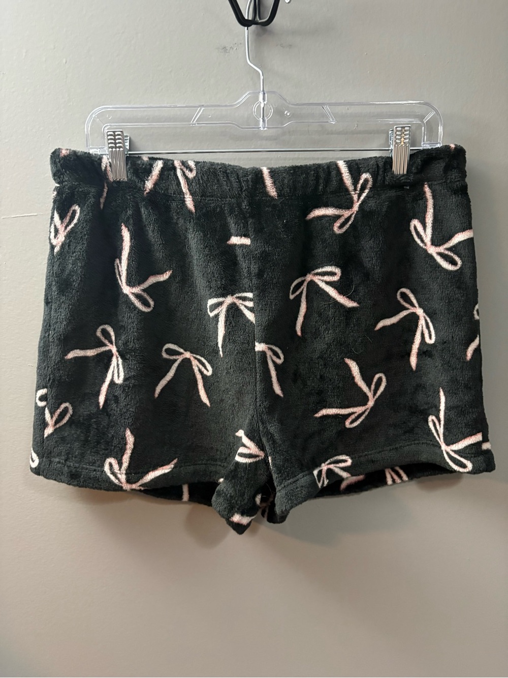 Black Plush Lounge Shorts with Light Pink Bow Accents